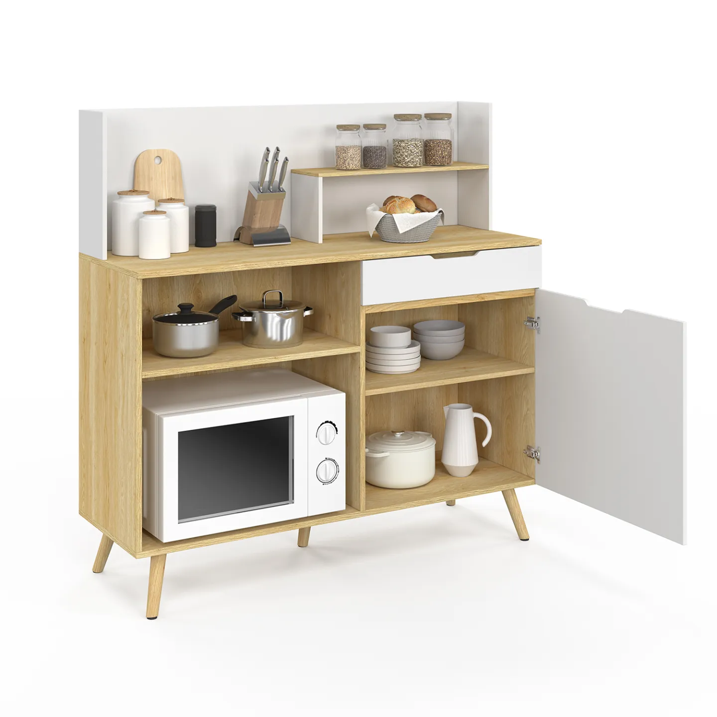 Buffet bas de cuisine 120 CM OLAF plan de travail H.83 cm 1 porte + 1 tiroir façon hêtre et blanc