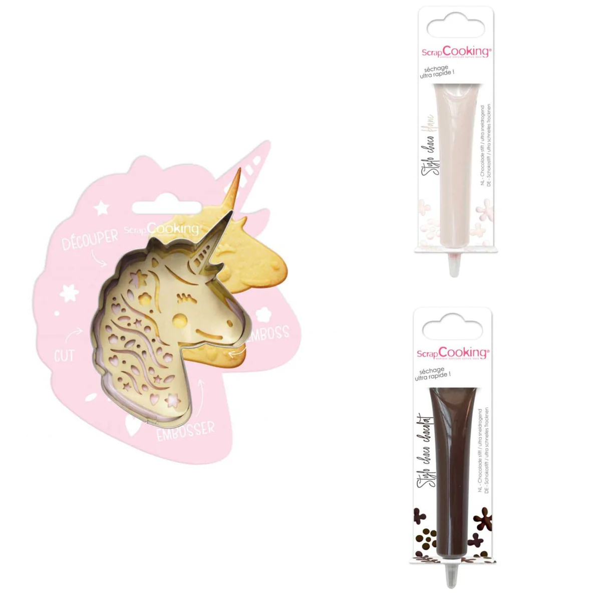 Kit pour biscuit en relief Licorne + 2 Stylos au chocolat blanc et mar