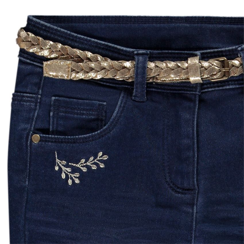Jean slim brodé + ceinture pailletée pour fille - Bleu