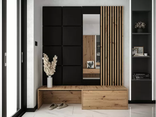 Meuble d'entrée Hartford 322, 205x172x42cm, Miroir, Chêne Artisan|Noir, À poser
