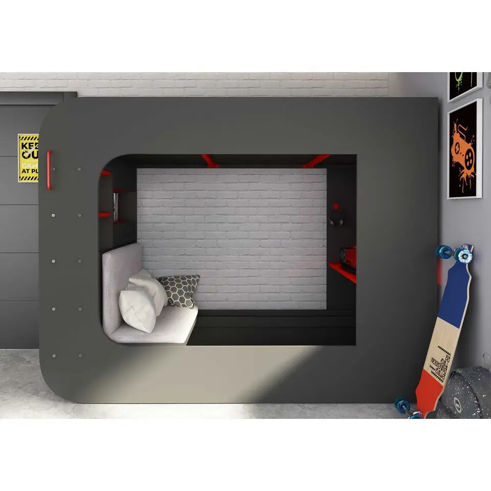 Hoogslaper Graham met gamebureau 90x200cm - antraciet/rood