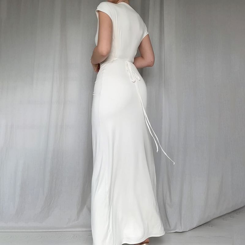 Leandrillo - Maxi-jurk met korte mouwen, asymmetrische hals, effen knoop, gerimpelde split en split