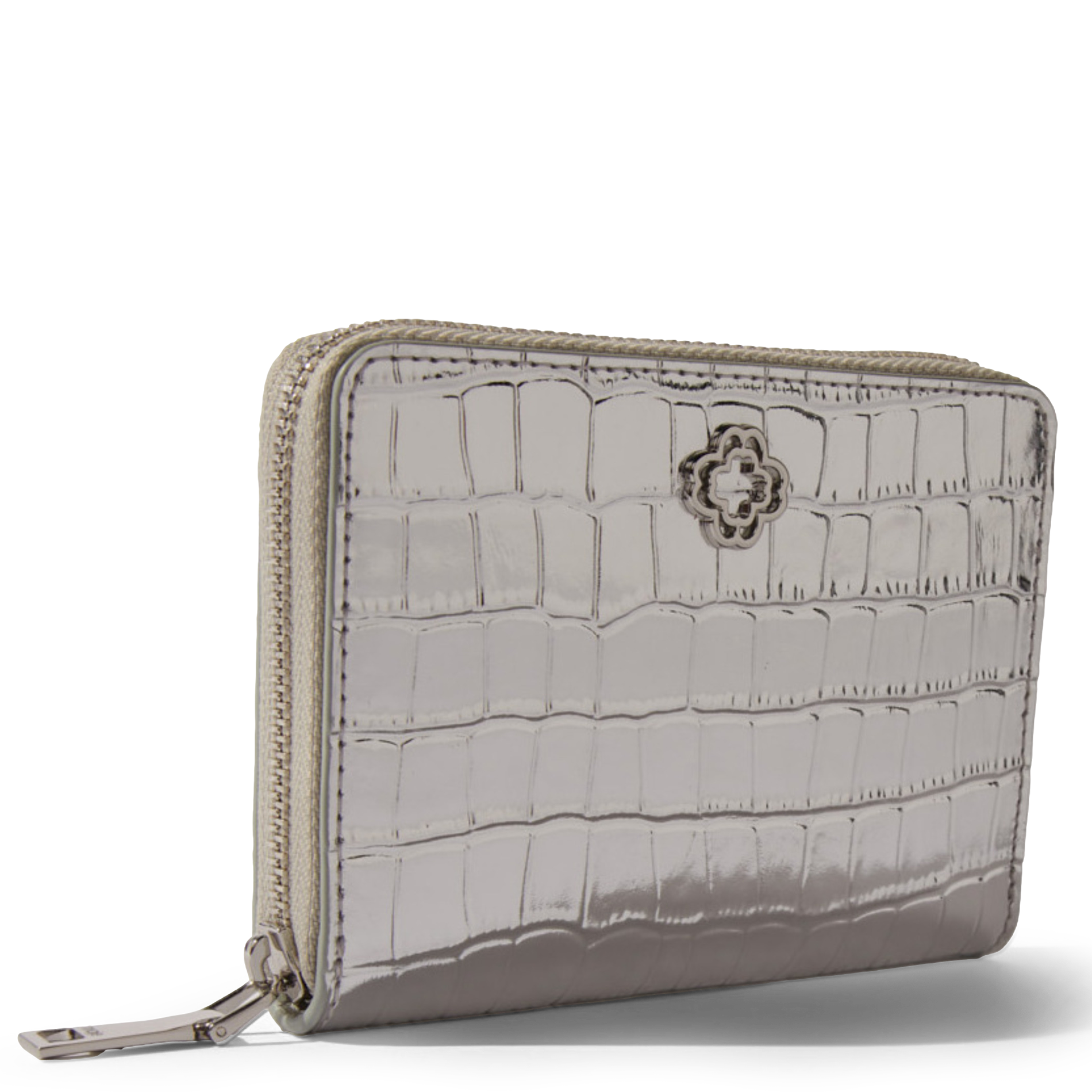 Portefeuille en cuir métallisé croco | Argent
