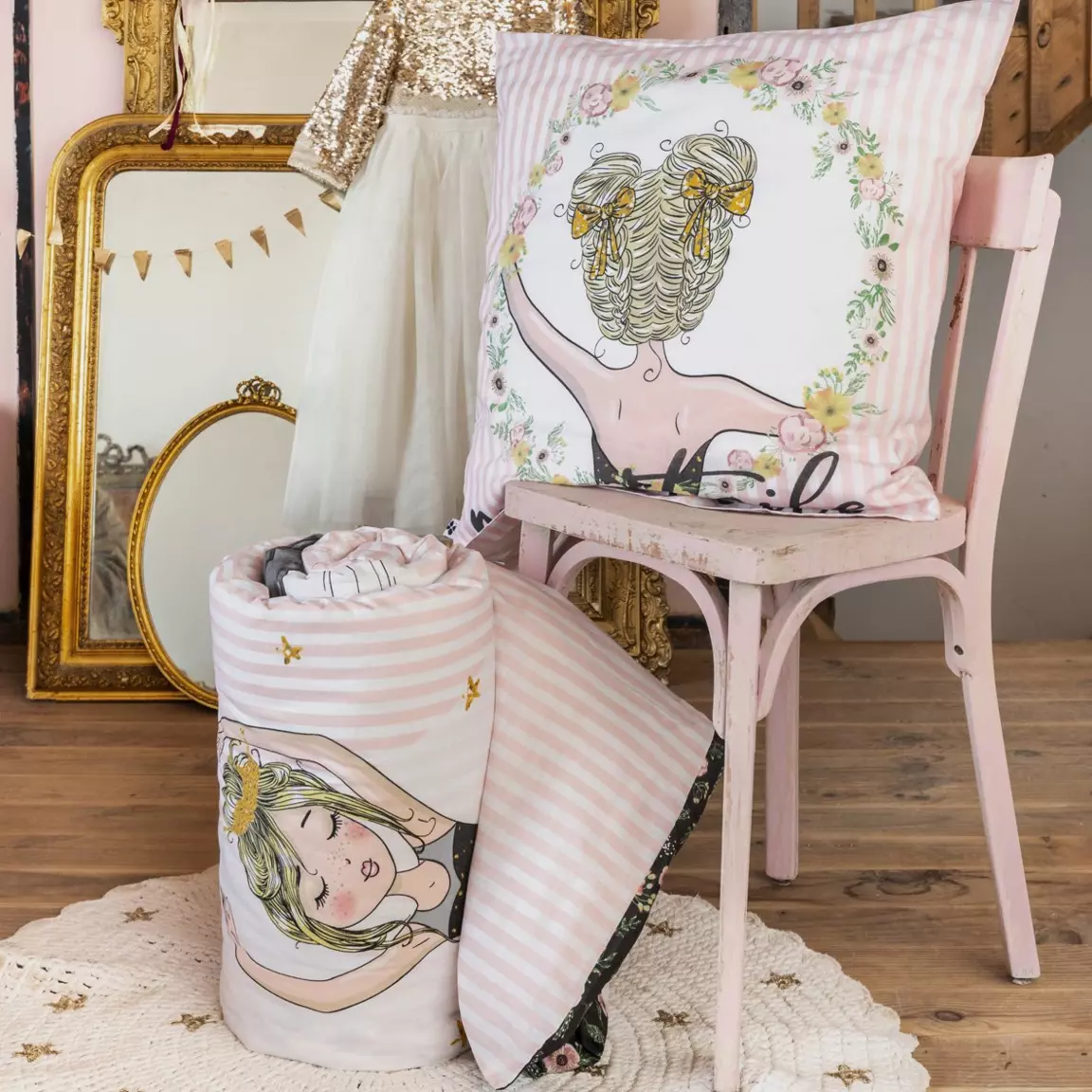 Housse de couette et deux taies enfant coton (200 x 200 cm) Mon étoile Rose