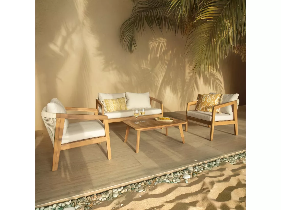 Now's Home - Salon De Jardin 4 Places En Bois D'acacia Avec Coussin Beige Fidji