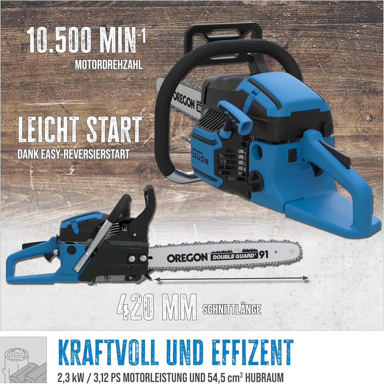 Güde Benzin-Kettensäge KS 450-55 (55 cm³ Hubraum, 42 cm Schnittlänge, 2,3 kW / 3,1 PS Motorleistung, GS-geprüft, 22 m/s max. Kettengeschwindigkeit, Leichtstartsystem, inkl. Oregon Schwert & Kette)