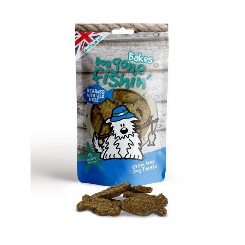 Petiscos de robalo e arroz selvagem para cães, sabor natural.