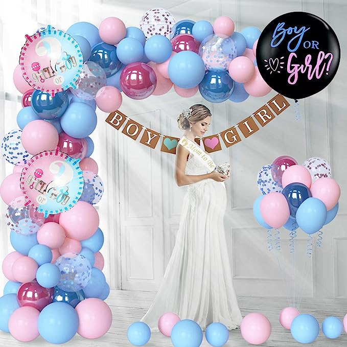 (168-tlg. Set) Baby Shower Party Deko Gender Reveal Ballons / Girlande / Party Geschirr / Schärpe - Rosa / Blau