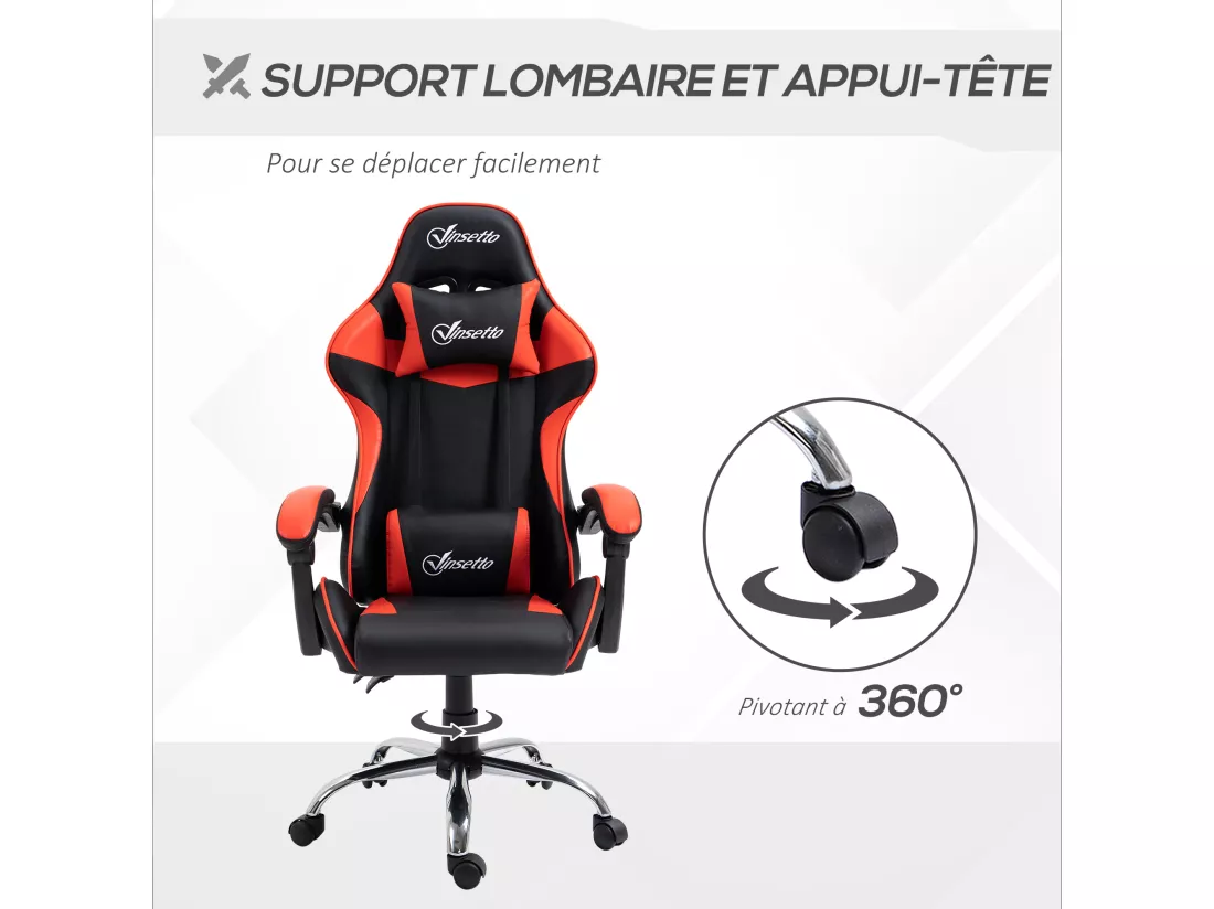Fauteuil de bureau gamer style baquet racing - pivotant, inclinable - coussins tétière et lombaires inclus - revêtement PU rouge noir