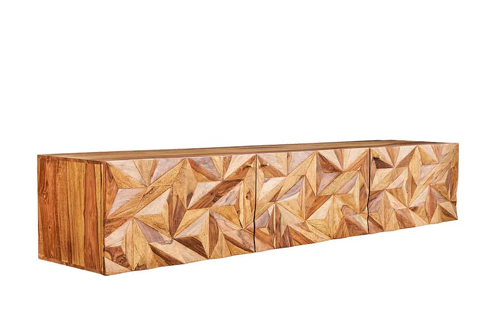 Hängendes TV-Lowboard ALPINE 160cm braun Sheesham Massivholz stone finish Metall gold