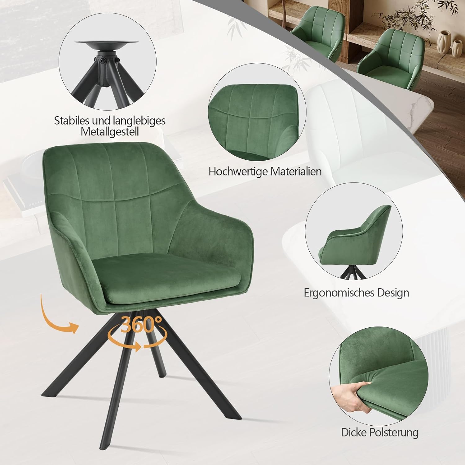 Drehstuhl Esszimmer 4er Set Samt Grün mit Armlehne Polsterstuhl Esszimmerstühle drehbar Küchenstuhl mit Metallbeine für Wohnzimmer Esszimmer