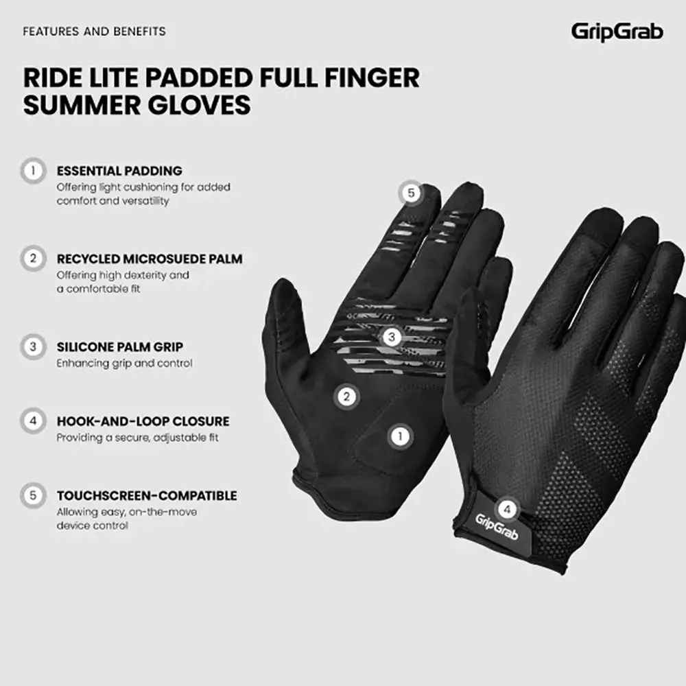 GripGrab Ride RC Lite Padded MTB Zomer Fietshandschoenen Lange Vingers Zwart