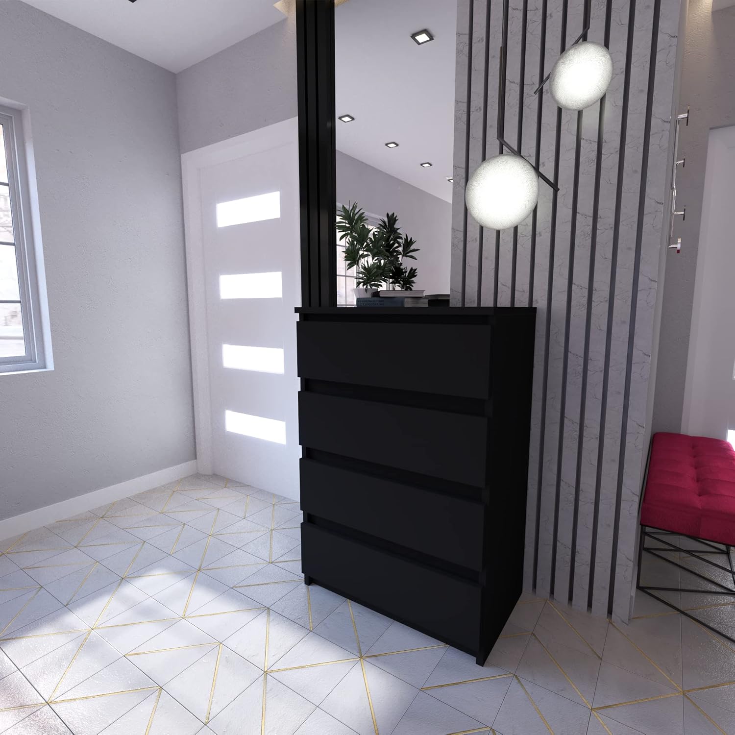 MRBLS Kommode mit 4 Schubladen Sideboard Schubladenschrank Kleiderschrank Modern Möbel mit Schubladen für Ihr Schlafzimmer (Schwarz Matt) – 60 x 92,5 x 33,5 cm (B/H/T)