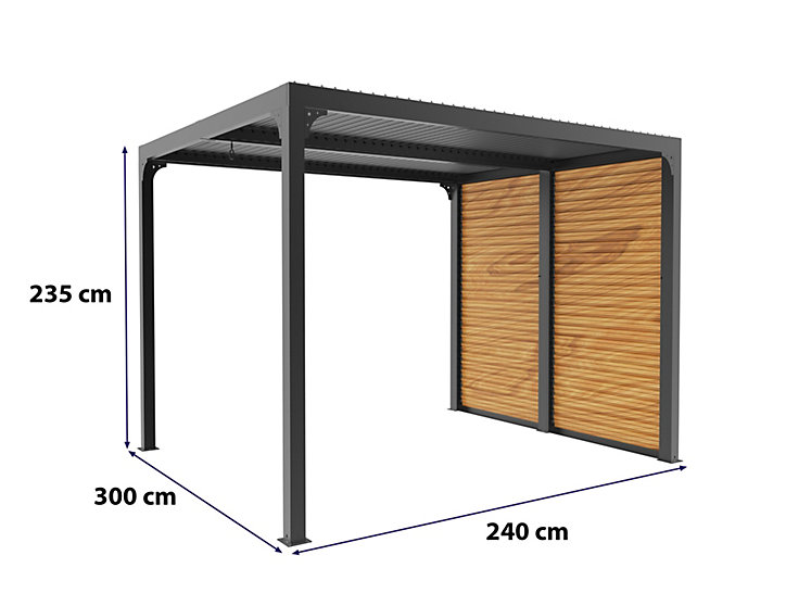 Pergola bioclimatique ALU grise + ventelles latérales imitation bois 3 m x 2,4 m 7,20 m2 Habrita
