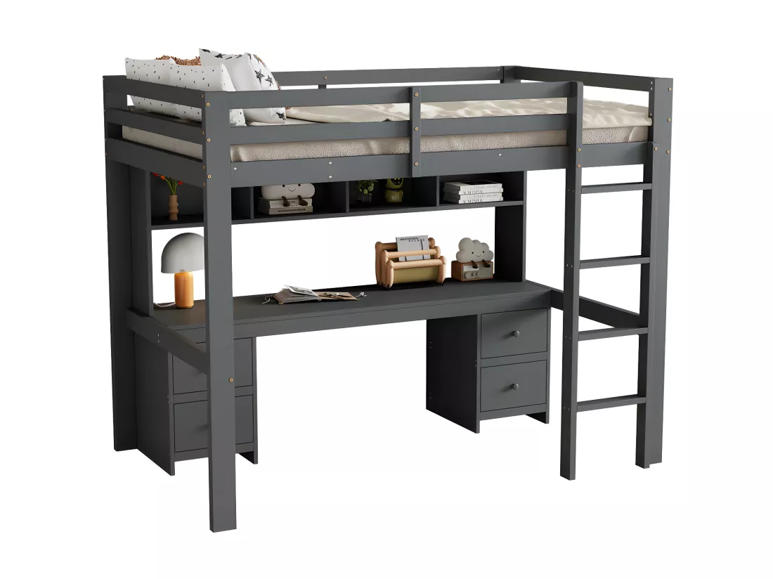Lit mezzanine 90x200cm - avec bureau et 2 commodes - en pin massif et MDF - Gris