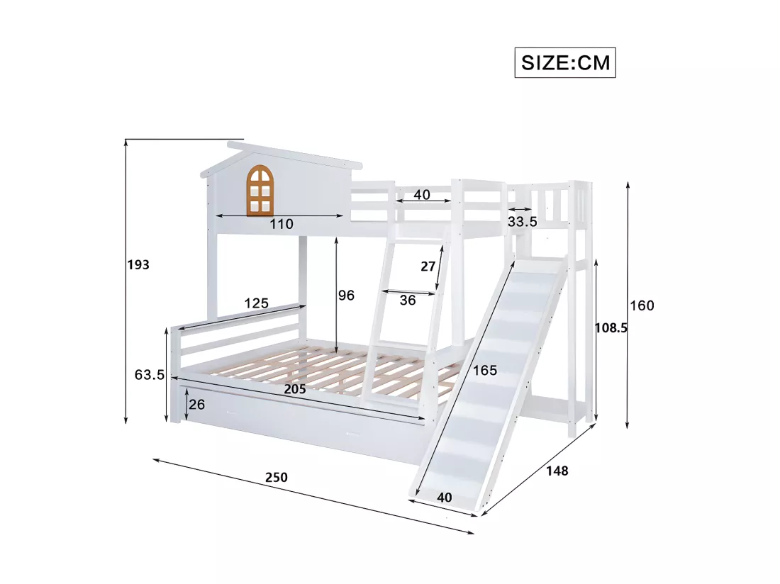 Lit superposé cabane avec toboggan + tiroirs - cadre en pin - 90x200cm + 120x200cm - Blanc
