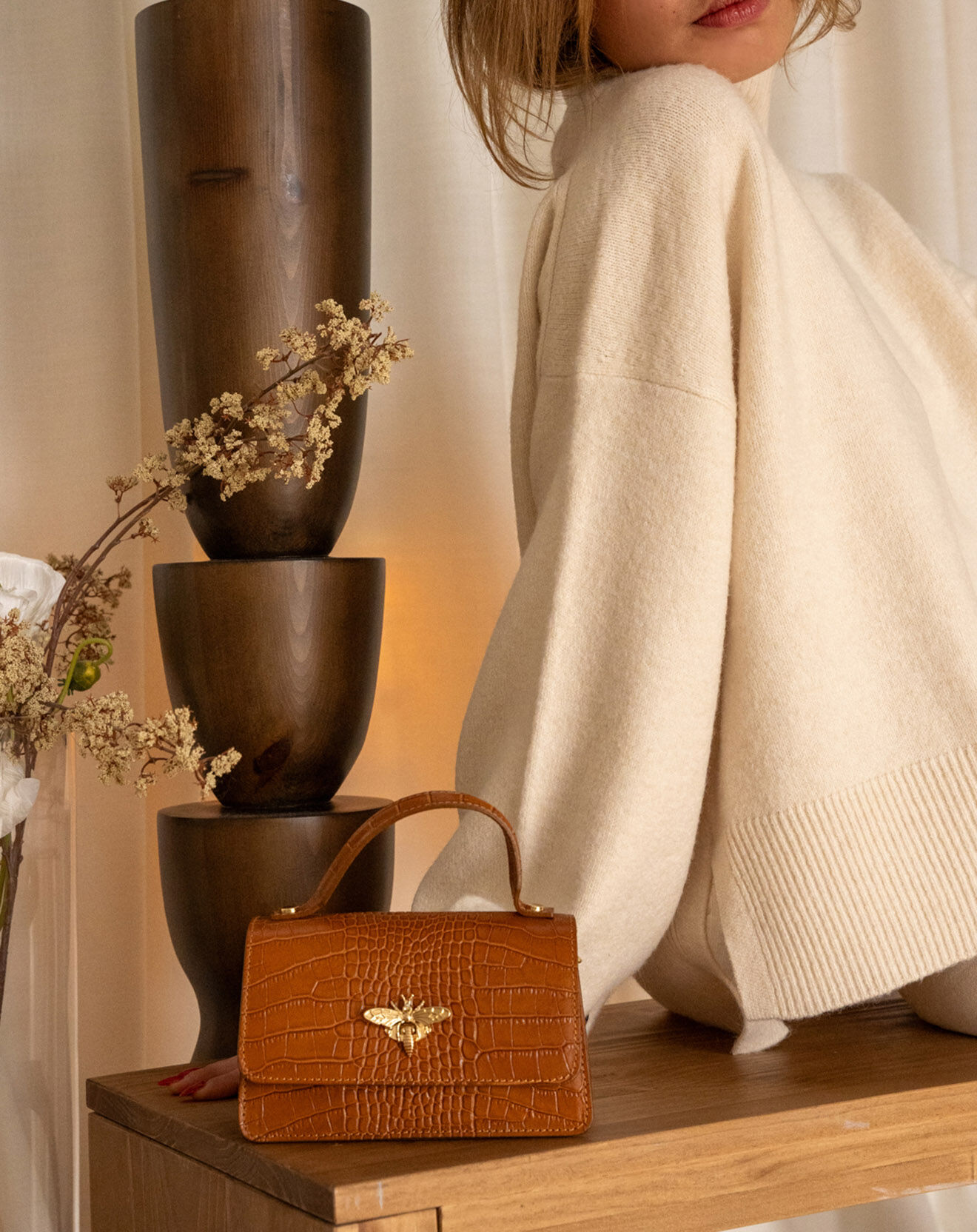 Christian Laurier Sac à main en Cuir croco Lily camel - 19x11x7.5 cm