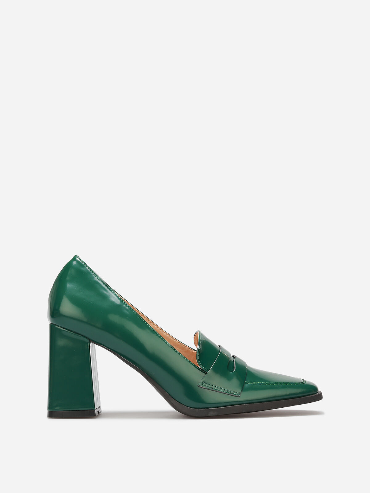Mocassins vernis à talon et surpiqûres- Vert foncé