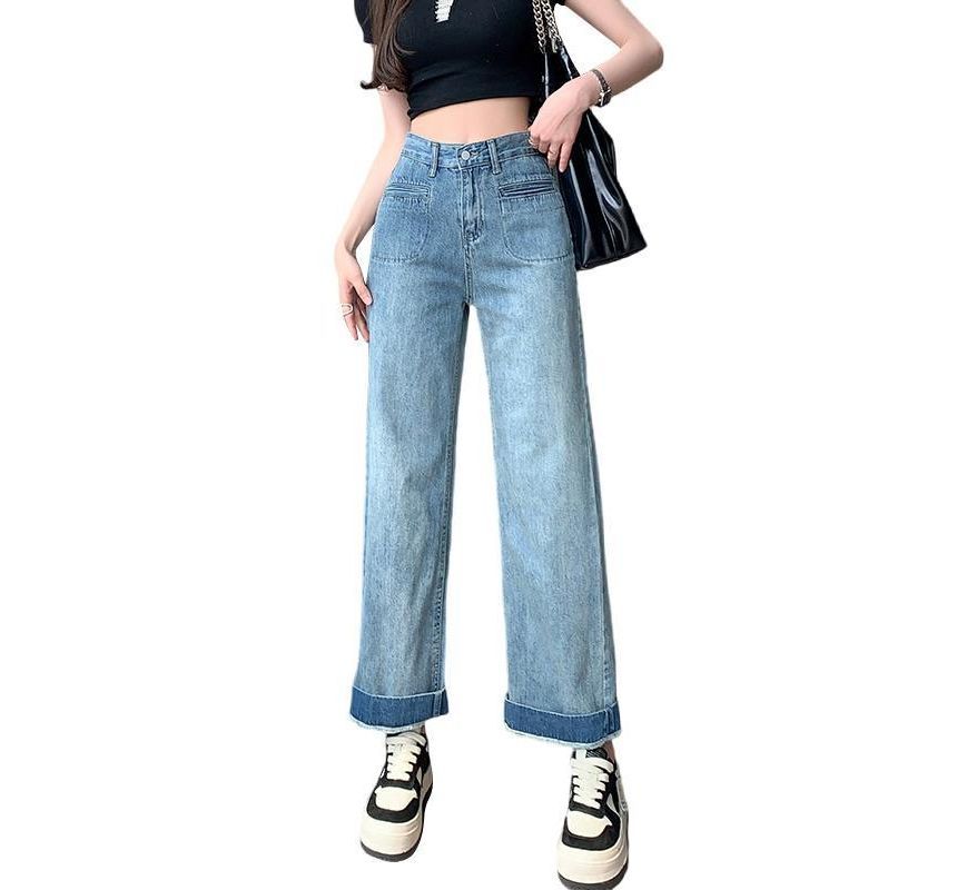 Frigga - High Waist Washed Crop Jeans met Wijde Pijpen
