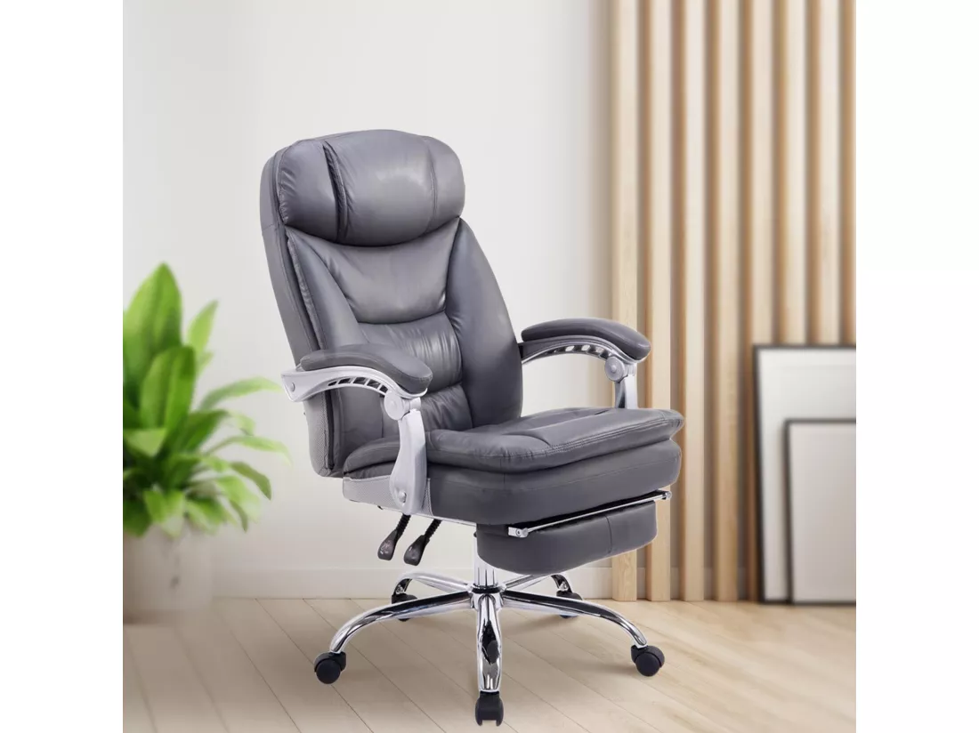 Chaise de bureau - Similicuir & Métal chromé - Gris - XL Troy
