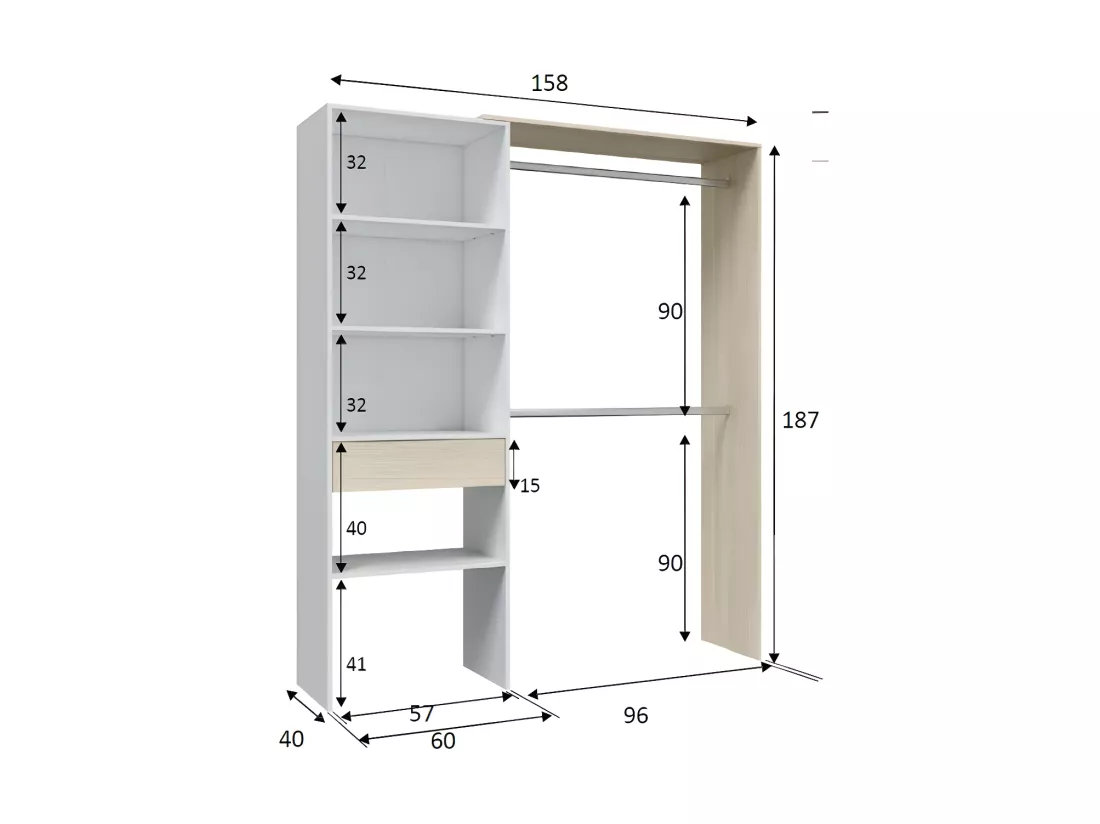Aménagement dressing réversible Blanc/Chêne - DAJI - L 158 x l 40 x H 187 cm