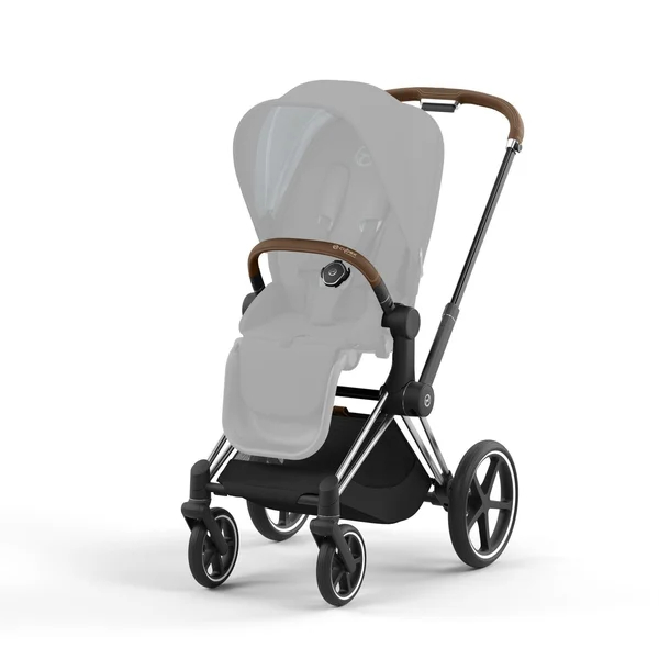 Carrinho de bebê Cybex Priam V4, cor dourada outono, com estrutura marrom cromada.