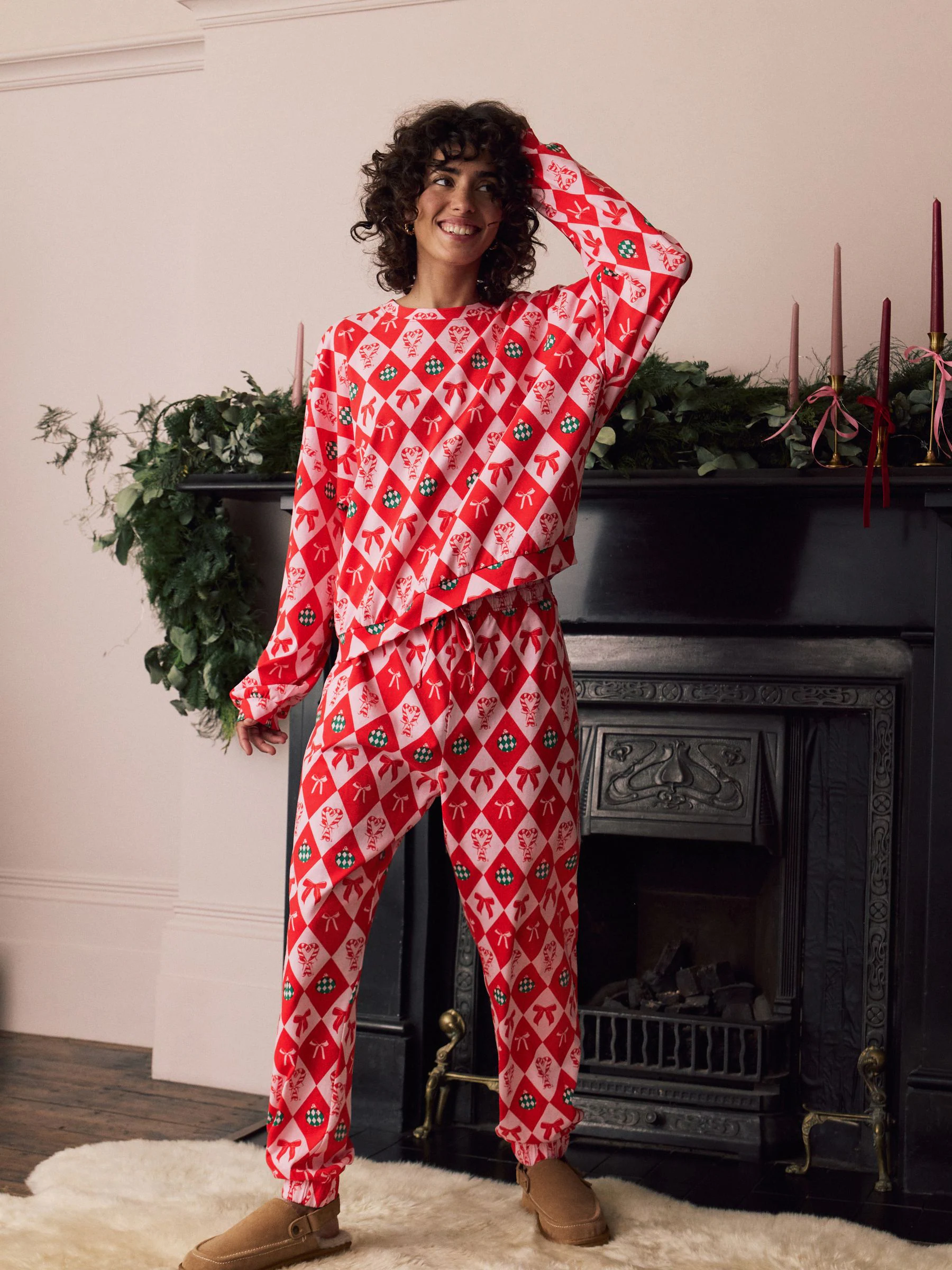 Rode Kerstmis Strikken - 100% katoenen pyjama met lange mouwen