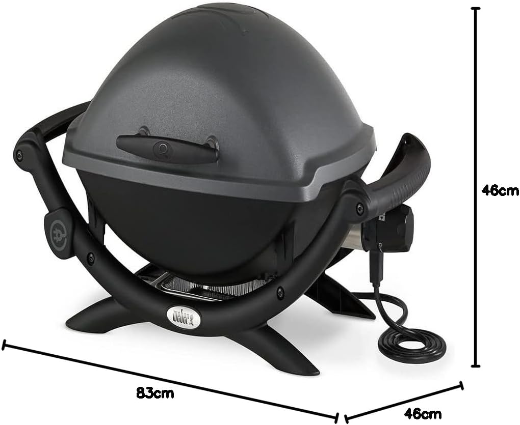 Weber Q2400 Barbecue électrique avec support + tablettes latérales, surface de cuisson 54 x 39 cm, grille en fonte émaillée (2 parties), couvercle et cuve en fonte d'aluminium - Gris foncé (55020053)