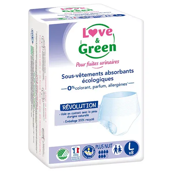 Calcinha absorvente Love & Green para adultos, hipoalergênica e ecológica, Plus Night, tamanho G (8 unidades)