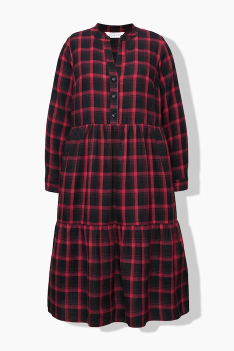 Midi-Flanellkleid, Karo, Tunika-Ausschnitt, Langarm