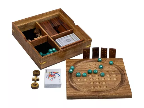 Jeu 5 en 1 (3 en ligne+domino+dés+2 cartes+solitaire) dans une boîte en bois marron 23x23xh