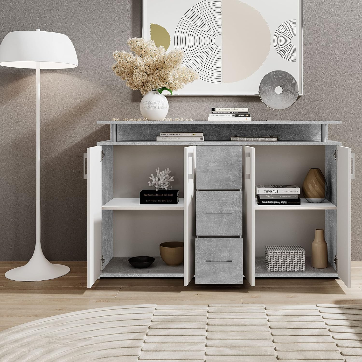 DRIFT Sideboard mit Ablage in Beton Optik, Weiß - Moderne Kommode mit Schubladen und viel Stauraum für Ihren Wohnbereich - 139 x 90 x 34 cm (B/H/T)