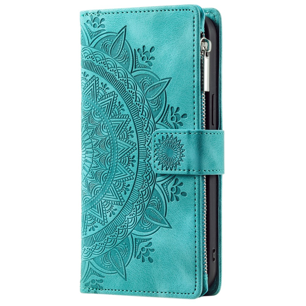 iPhone 16 Pro Leder Tasche Flip Cover mit Reissverschluss - Mandala Flowers Imprint - Türkis