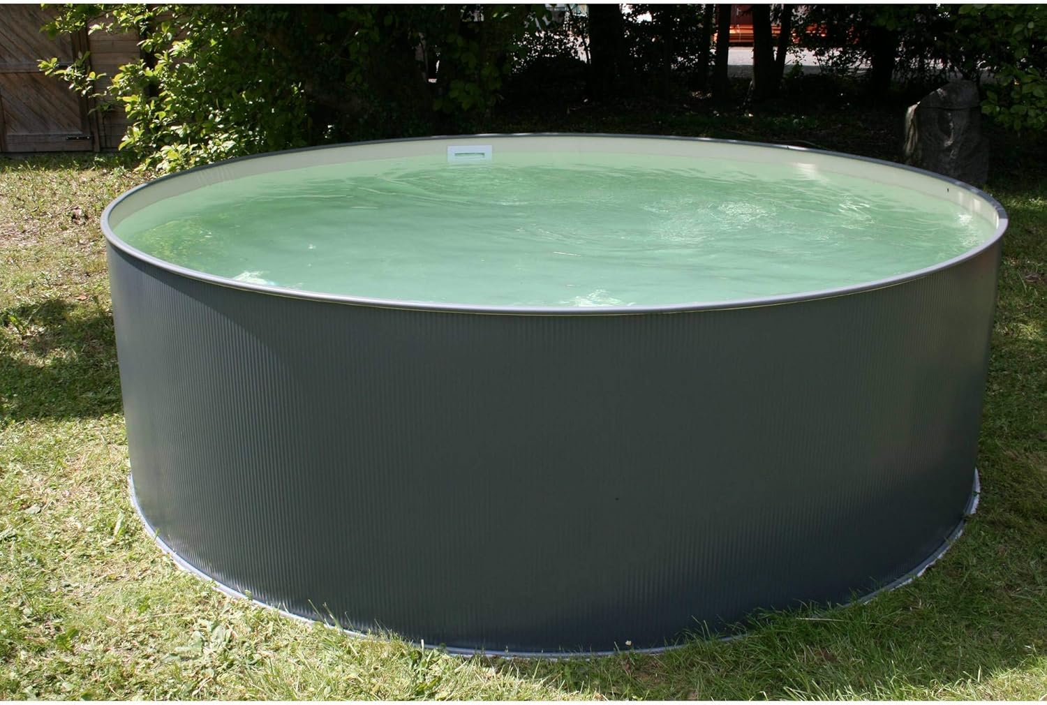 Planet Pool Stahlwandpool rund Größe wählbar, 90 cm tief, Stahl 0,3 mm anthrazit, Folie 0,2 mm Sand, Overlap 300x90