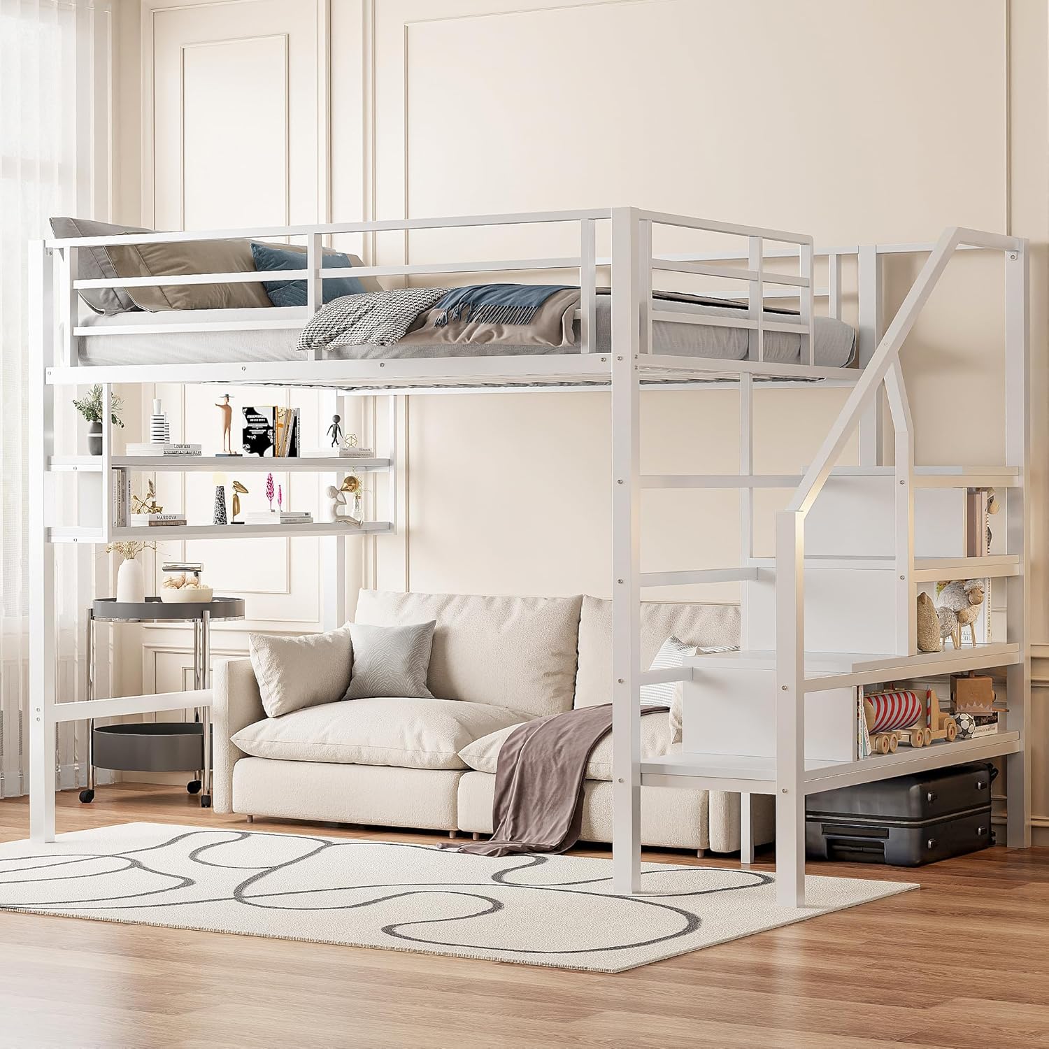 Metall Hochbett 140 * 200cm, Freiraum unter dem Bett, Etagenbett Hoch mit Regale, Ablagetreppe, Erwachsene&Jugendzimmer, ohne Matratze (Weiß, B)