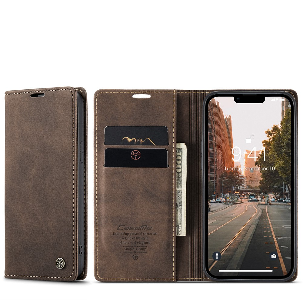 iPhone 15 Leder Tasche Flip Wallet Etui mit Kartenfächern - Dunkelbraun