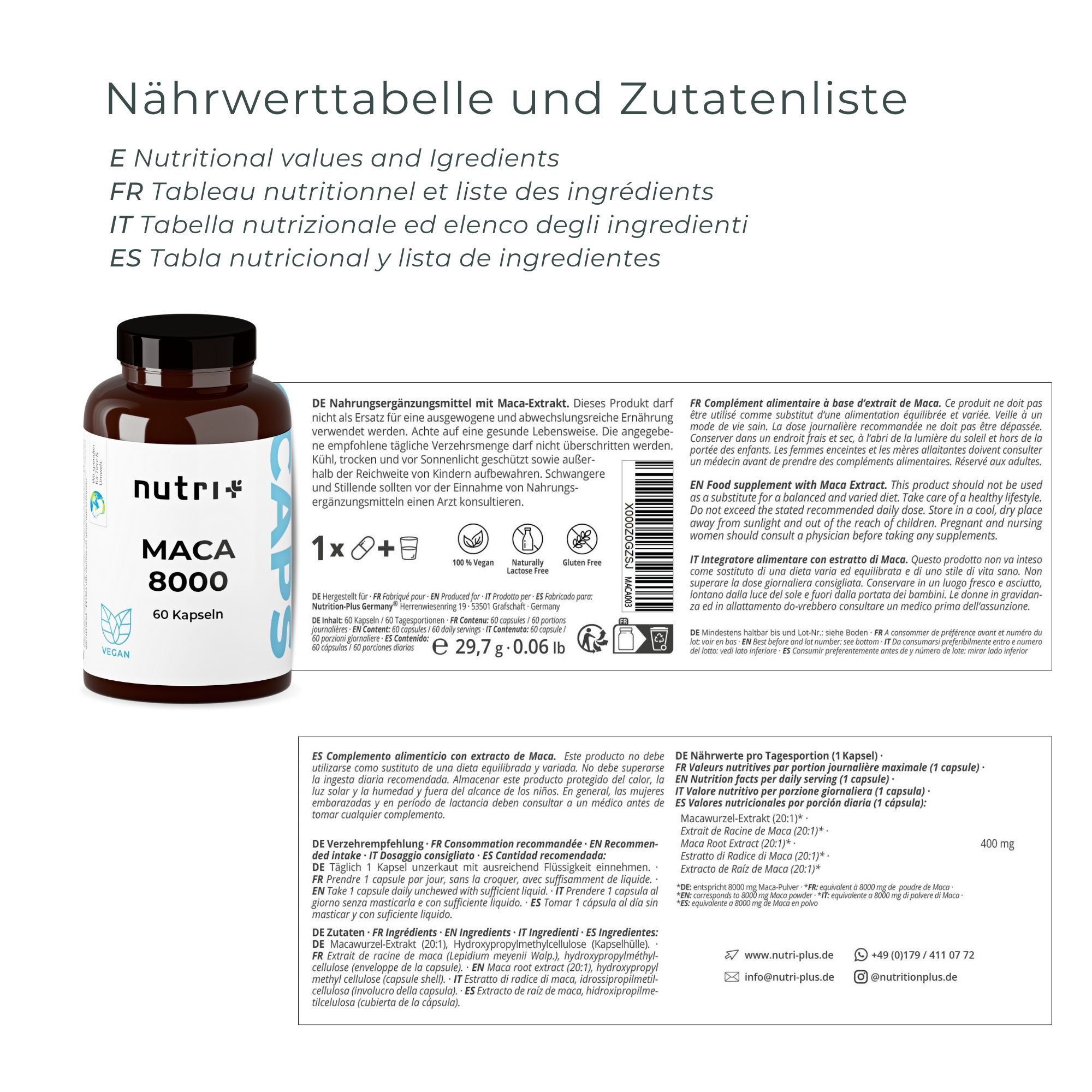 Nutri+ Maca Kapseln schwarz rot gelb - Pulver aus Wurzelextrakt