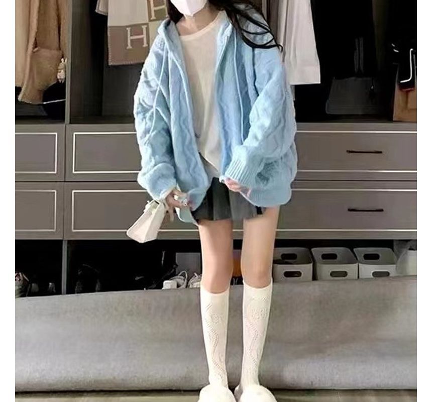 aistera - Effen, losse gebreide hoodie met ballonmouwen en rits