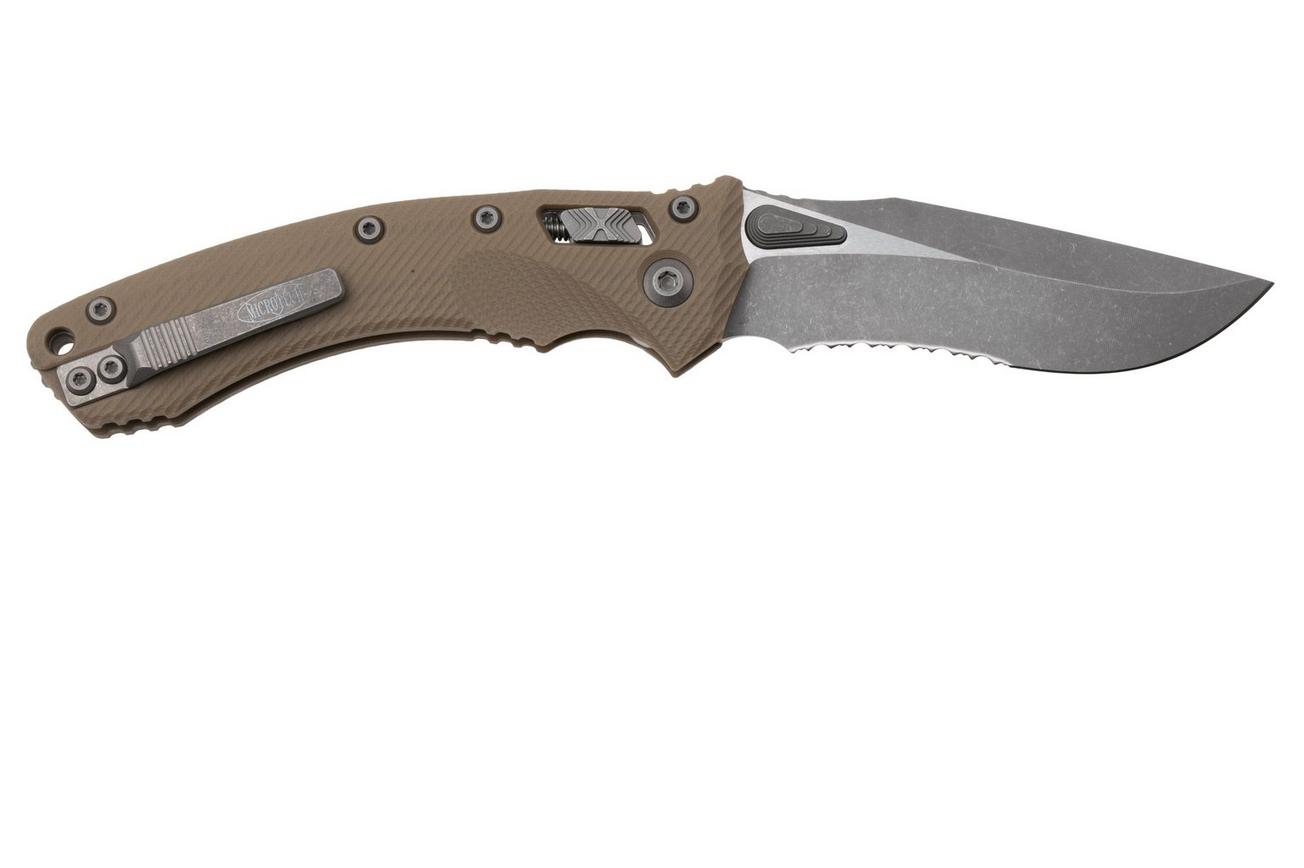Microtech Amphibian 137RL-11APFLGTTA, Apocalyptic Stonewashed M390MK, Fluted Tan G10, partly serrated zakmes