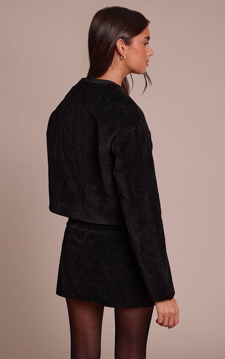 Noir Veste En Daim Col Rond Boutons Dorés