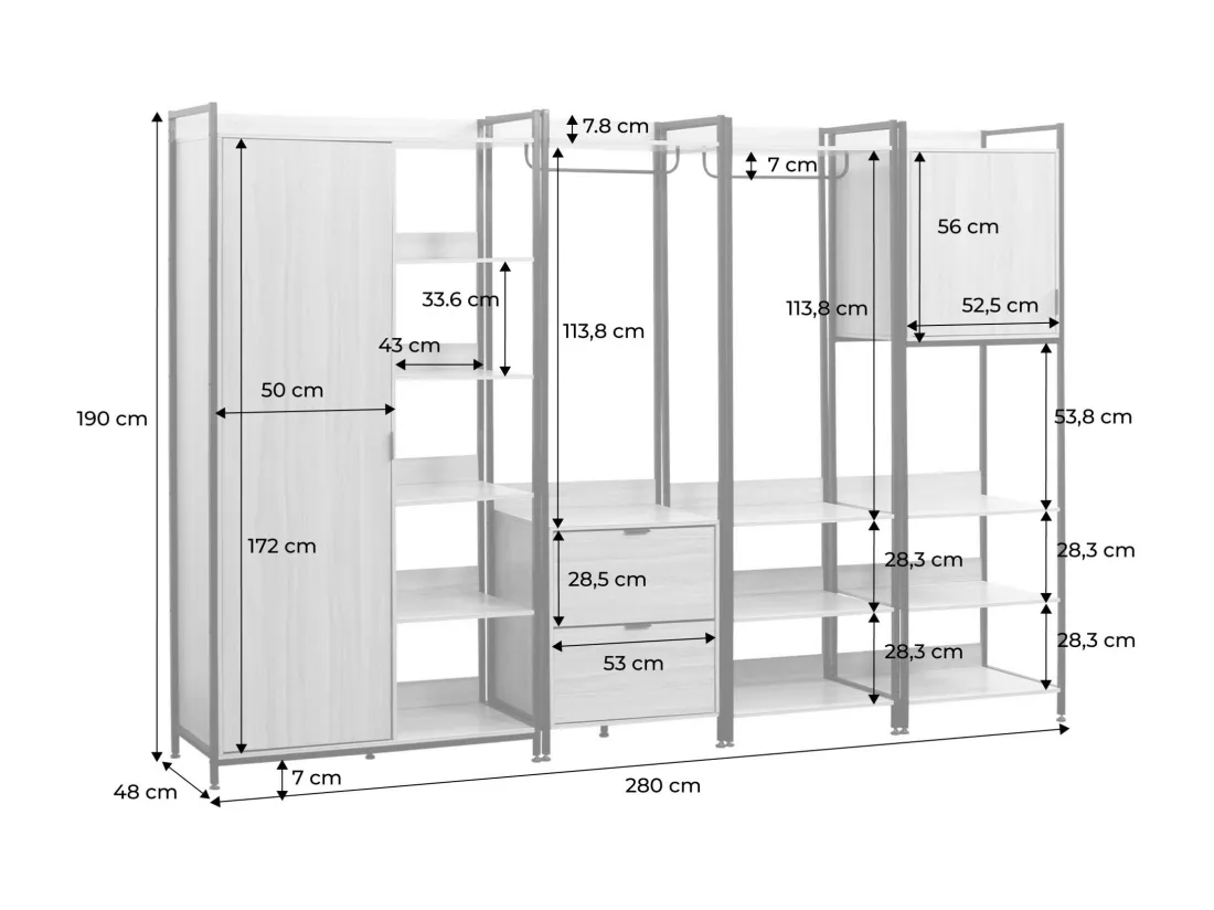 Kit dressing modulable blanc avec 4 éléments. L 280 x P 48 x H 190 cm