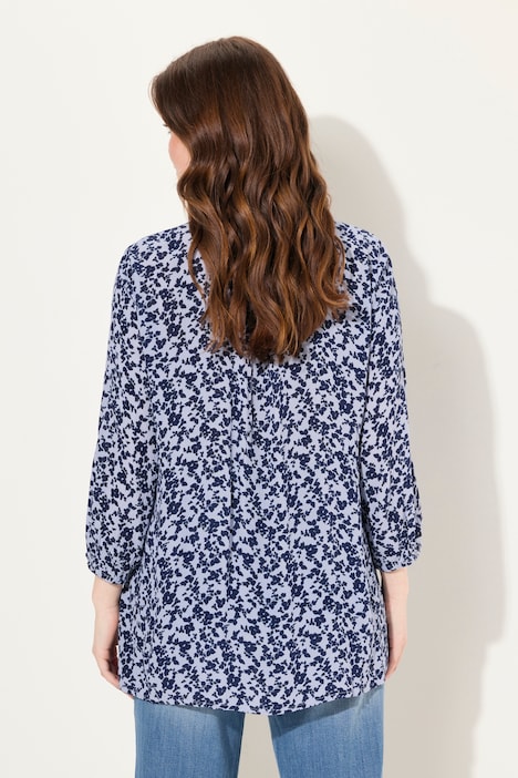 Smokbluse, Blüten, A-Linie, Rundhals, 3/4-Arm
