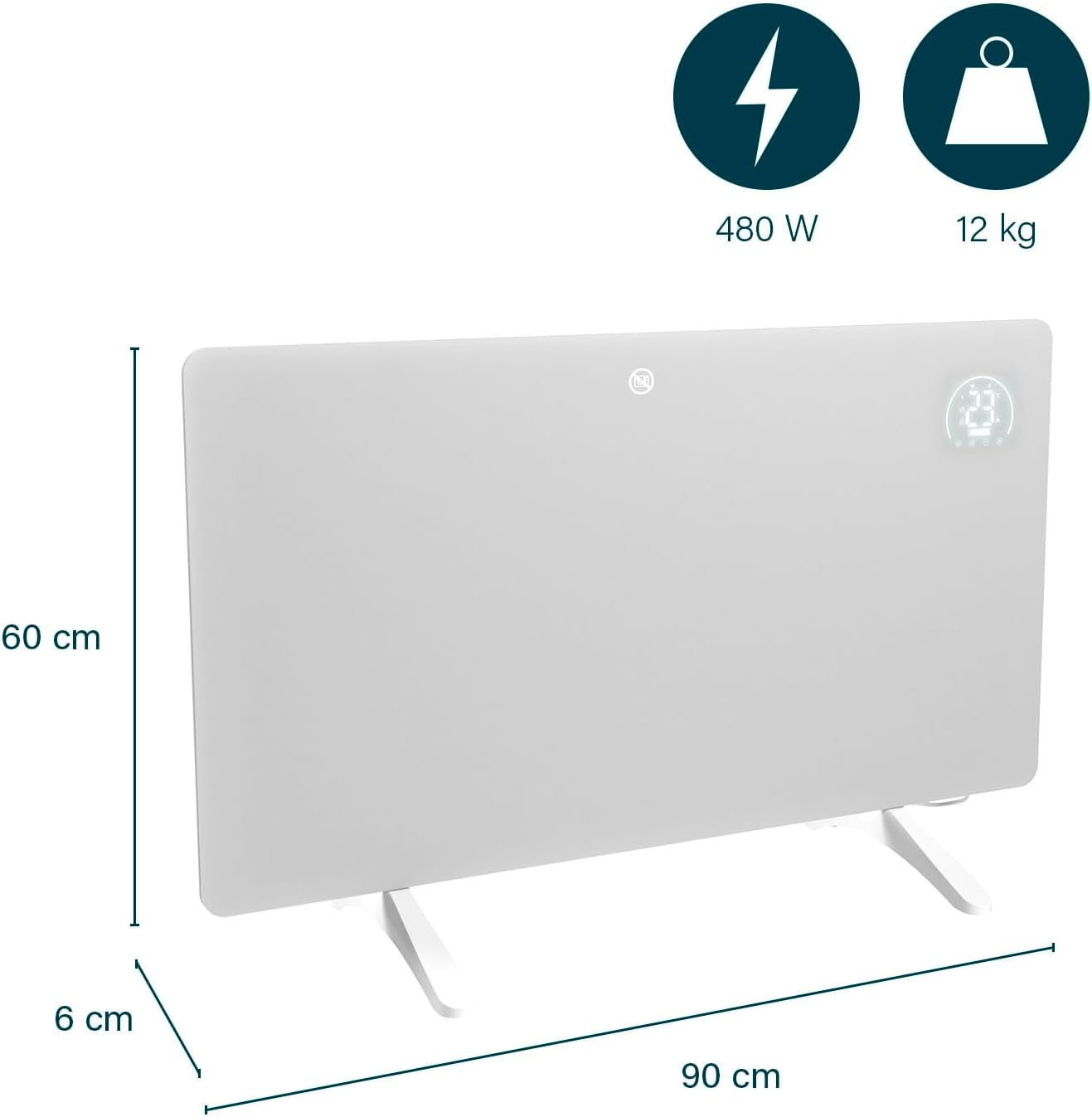 Princess Infrarot-Heizung Connected - Carbon Crystal - Flacher Wandheizkörper - 480 W - Einstellbarer Thermostat bis 50 °C - 24-Stunden-Timer - Wochenprogrammierung - Weiß oder Schwarz (Weiß)