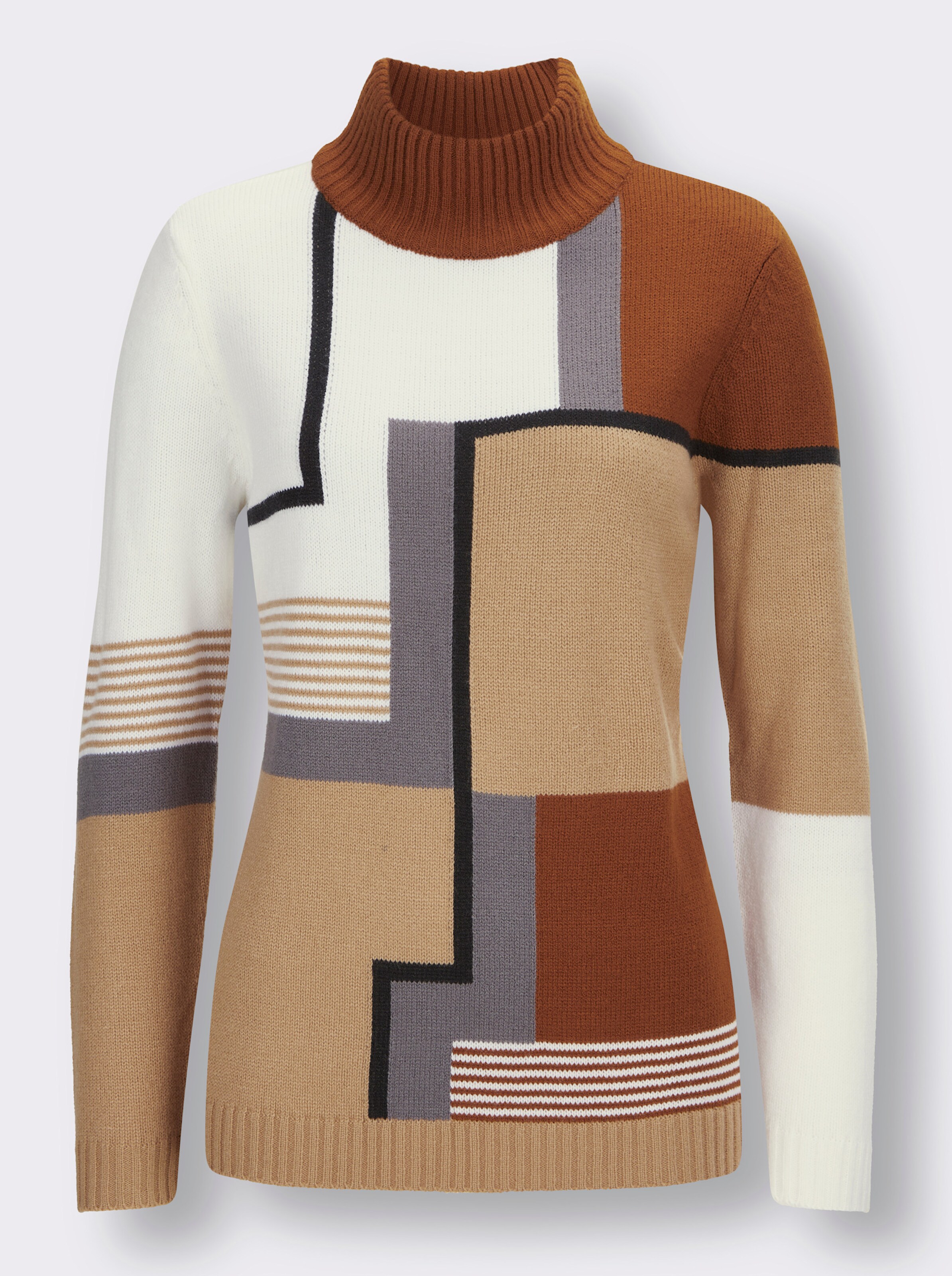 Stehkragenpullover mit Intarsien-Strick, bedruckt