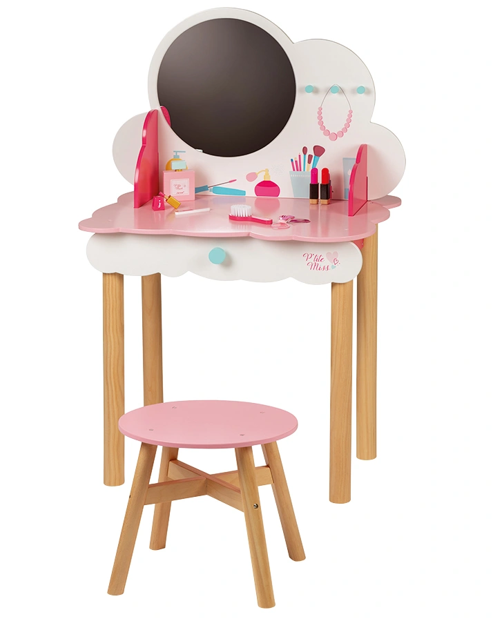 Schmink-und Frisiertisch LITTLE MISS mit Hocker und Zubehör in rosa/weiß