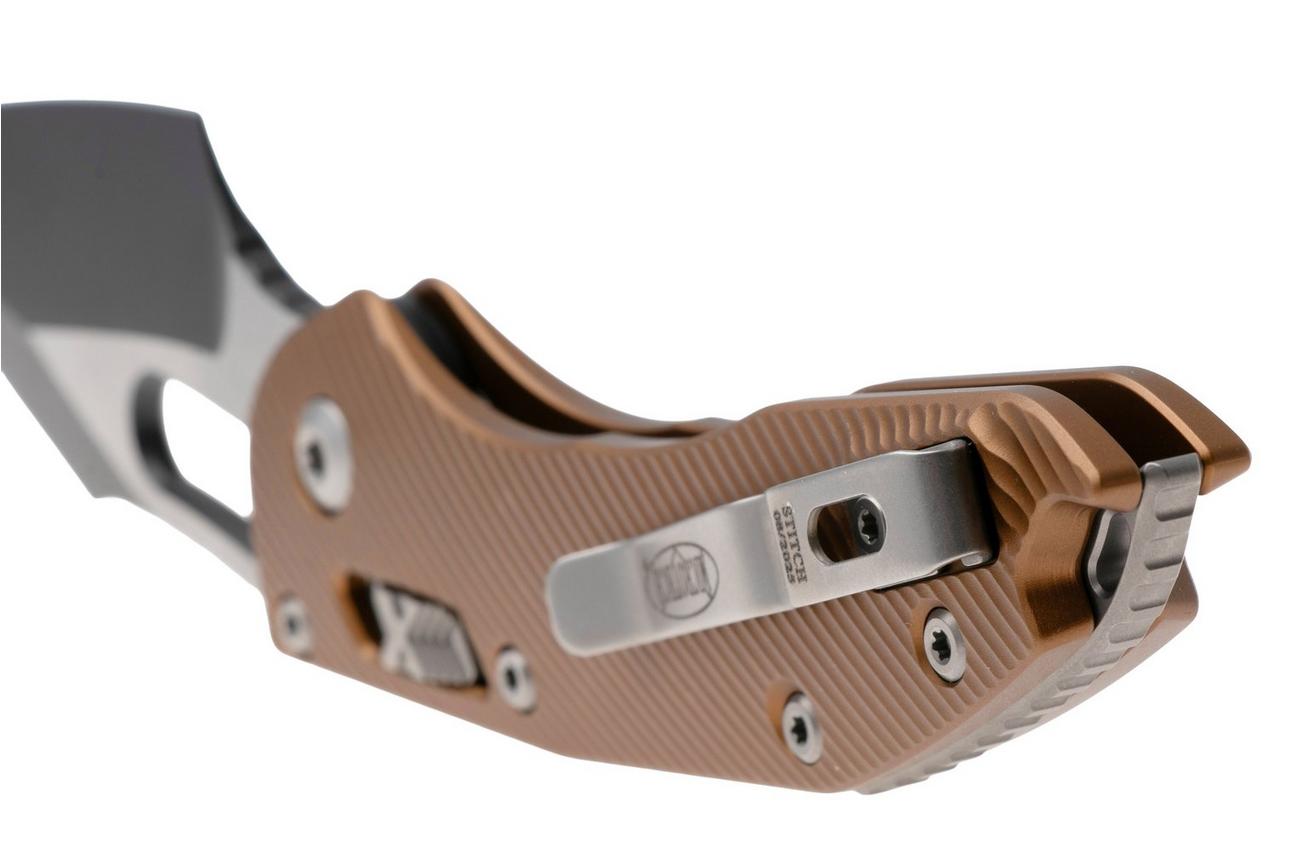 Microtech Stitch 169RL-1FLTA, Black Two Tone M390MK, Fluted Tan Aluminum zakmes, Borka Blades design