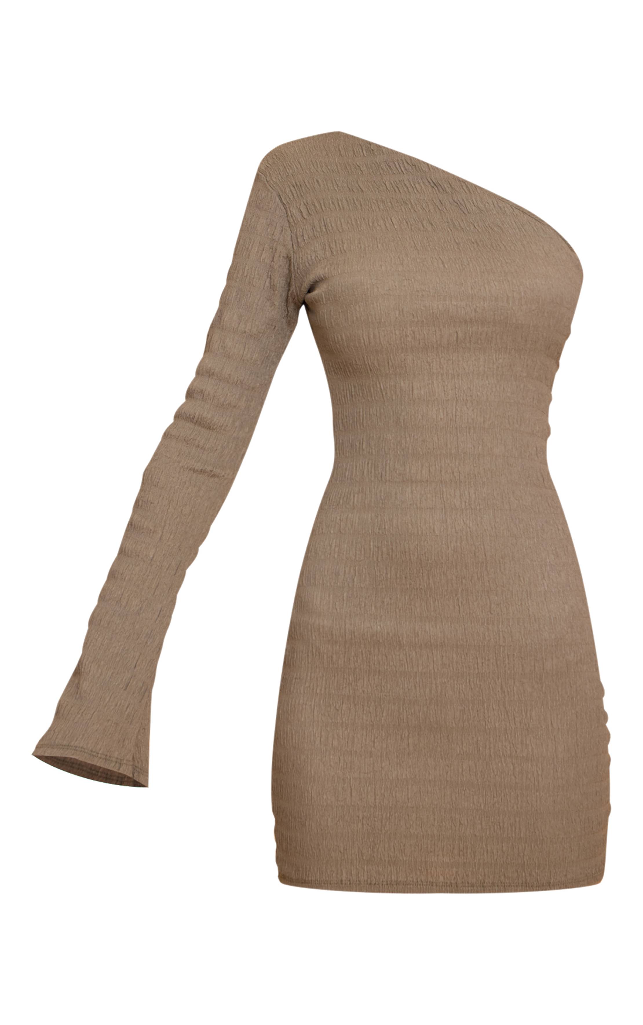 Kaki Robe Moulante Asymétrique À Une Épaule Et Manches Longues Texturée