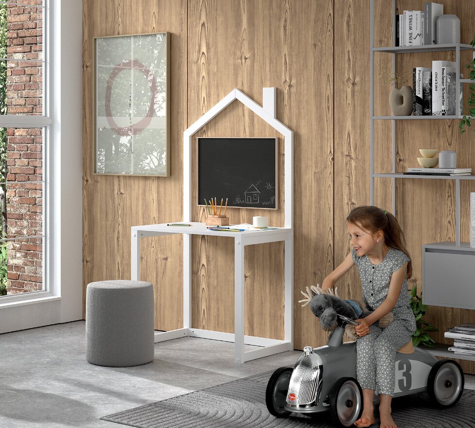 DALLAS Kinderschreibtisch mit Haus-Optik aus massiver Kiefer, weiß lackiert