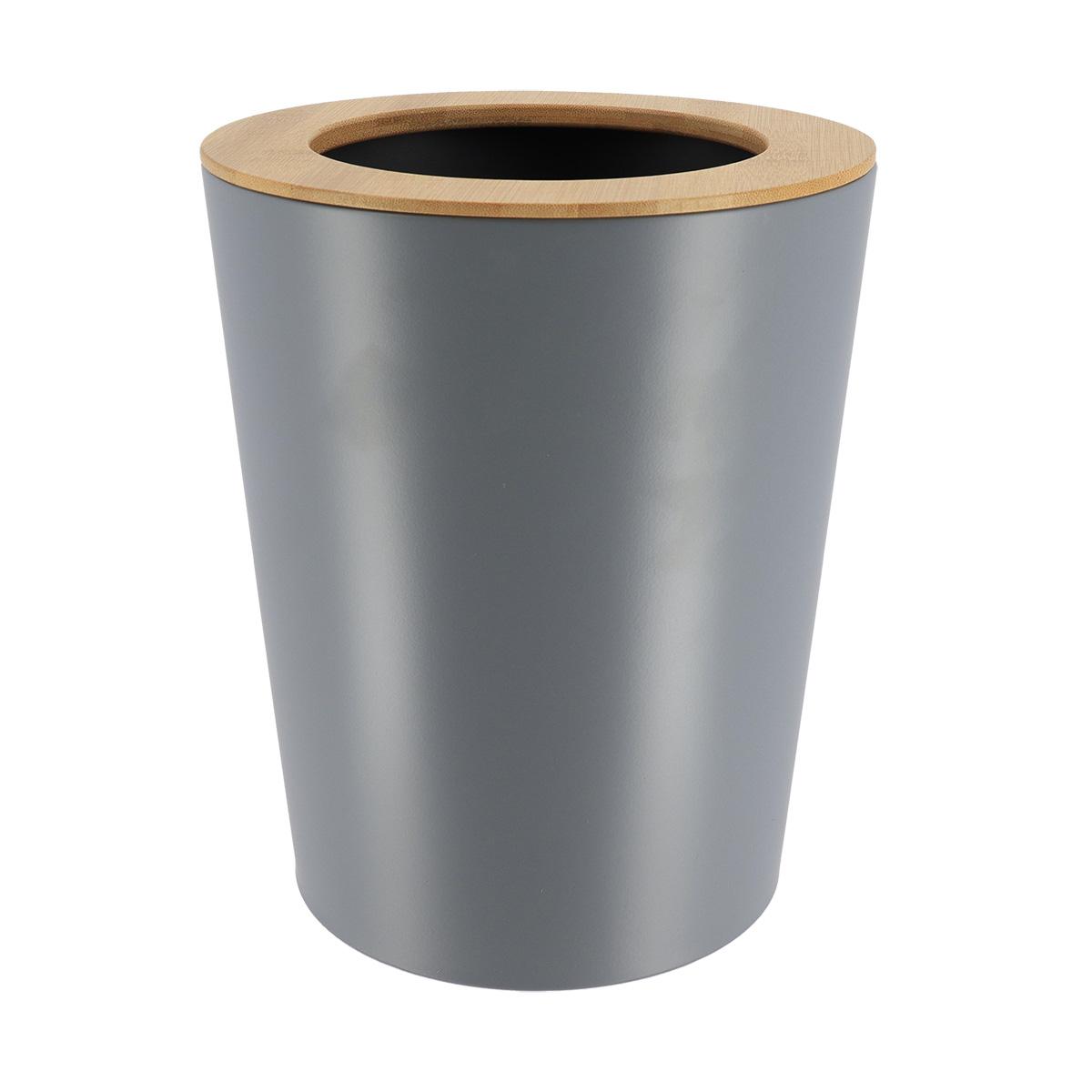 POUBELLE METAL EVASEE COUVERCLE BAMBOU 5L GRIS