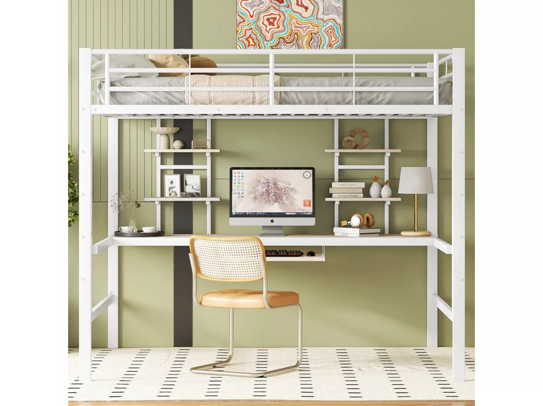 Lit mezzanine 140x200cm - avec bureau et étagères - cadre en métal - Blanc